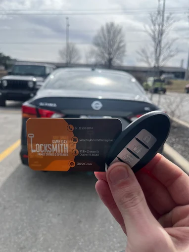 Mobile locksmith van parked near an Overland Park office building in the Corporate Woods business district